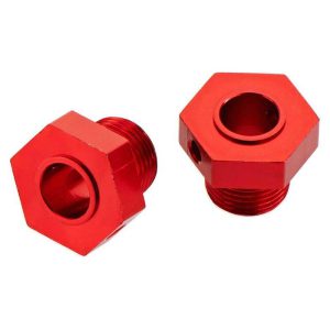 High-quality red aluminum shock mounts for RC cars, durable and precise for off-road racing vehicles.