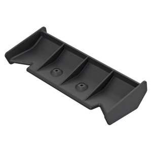 Black plastic RC car wing mount with mounting holes for stability and durability. Compatible with various RC car models.