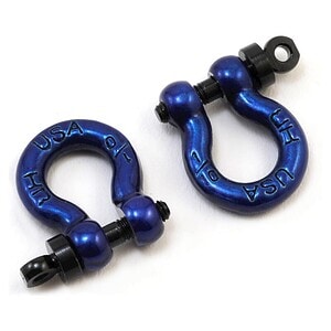 Bright blue anodized aluminum RC car tow hooks with "USA" engraved, ideal for race or drift cars.