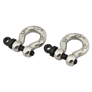 Alt: Metal RC car hook clips with black screws, ideal for remote car accessories.