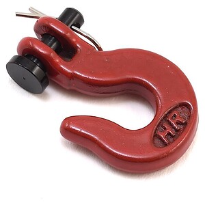 Image shows a red power hook with a black wheel and small metal pin, used for securing RC cars or accessories.