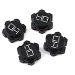Custom RC car wheel caps for hobby racing. Durable black design with "HOT RACING" logo, easy to install. Perfect upgrades for RC enthusiasts.