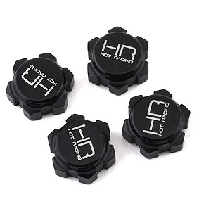 Custom RC car wheel caps for hobby racing. Durable black design with "HOT RACING" logo, easy to install. Perfect upgrades for RC enthusiasts.
