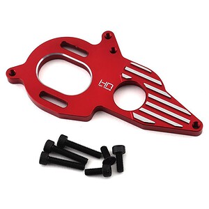 High-quality red aluminum motor plate for RC cars, includes mounting screws, optimized for durability and performance.