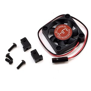 Small cooling fan for RC cars with mounting brackets and screws, ideal for enhancing performance.