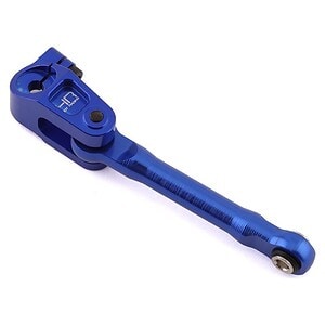 Blue aluminum RC car steering linkage part for high-performance remote control cars.
