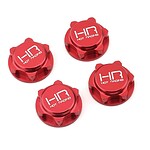 Red RC car wheel hub caps with "HIT Racing" logo for Hot Racing RC cars. Durable, stylish upgrade for racing performance.