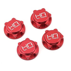 Red RC car wheel hub caps with "HIT Racing" logo for Hot Racing RC cars. Durable, stylish upgrade for racing performance.
