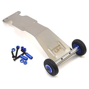 Metal RC car chassis with blue anodized aluminum screws and wheels for enhanced durability and speed.