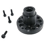 Black RC car motor mount with screws for easy installation and secure fit. Perfect for upgrades and repairs.