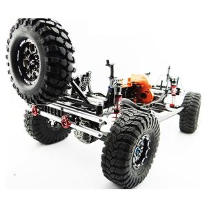 Robust RC car chassis with oversized tires for off-road racing and durability.