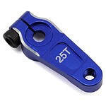 Blue aluminum RC car steering linkage or servo arm. Compatible with 1/10 and 1/8 scale models, durable and lightweight.