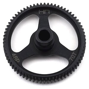 Alt text: Black plastic gear wheel for RC cars, with detailed teeth and central hole.