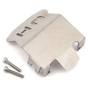 Metal RC car gear cover with mounting screws for durable performance.
