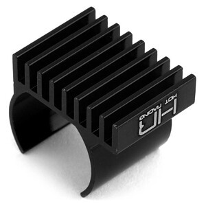 Compact black aluminum heat sink for RC car motor cooling and heat dissipation.