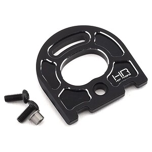 A sleek, black aluminum RC car sprocket with mounting screws for enhanced durability and performance. Perfect for off-road and racing RC vehicles.