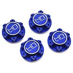 RC car wheel hubs, blue aluminum, CNC machined, compatible with off-road RC cars for enhanced performance.