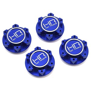 RC car wheel hubs, blue aluminum, CNC machined, compatible with off-road RC cars for enhanced performance.