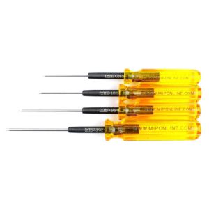 Set of professional precision screwdrivers with yellow handles for RC car repair and maintenance.
