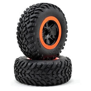 Traxxas Tire & Wheel Assy Glued SCT Black Orange Beadlock Off-Road Racing (4WD F/R TSM) TRA5864
