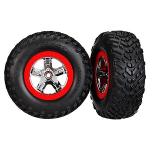 Traxxas Tires and wheels assembled glued chrome wheels red beadlock