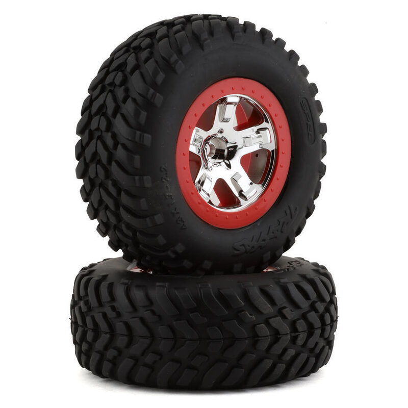 Traxxas Tires and wheels assembled glued (SCT chrome wheels red beadlock style dual profile