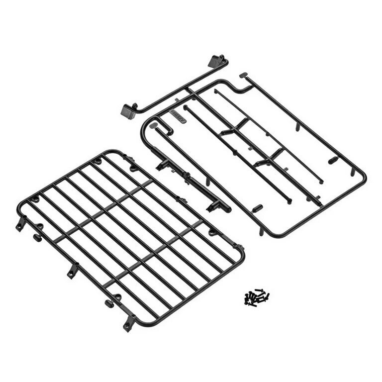 Durable black truck roof rack and basket for RC cars, easy installation, high-quality accessories, RC Car World.