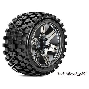 Roapex 1:10 Rhythm Stadium Truck Tires Pre-Mounted on Chrome Black Wheels (0 Offset