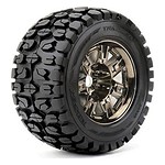 Heavy-duty RC car tire with rugged off-road tread pattern for durability and traction.