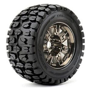 Heavy-duty RC car tire with rugged off-road tread pattern for durability and traction.