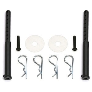 RC car steering knuckle repair kit with metal pins and plastic spacers for RC car upgrades and repairs.