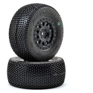 Durable rubber RC tires with aggressive tread for optimal grip and traction.