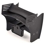 Black RC car wing spoiler with adjustable mounting brackets for enhanced aerodynamics.