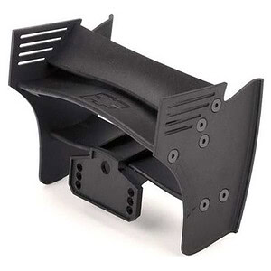 Black RC car wing spoiler with adjustable mounting brackets for enhanced aerodynamics.
