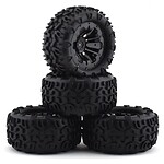 Durable rubber tires with off-road tread for RC cars, perfect for dirt and rocky terrains.