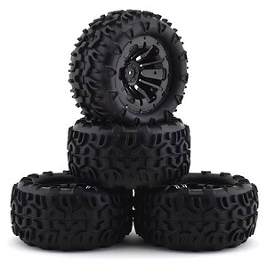 Durable rubber tires with off-road tread for RC cars, perfect for dirt and rocky terrains.