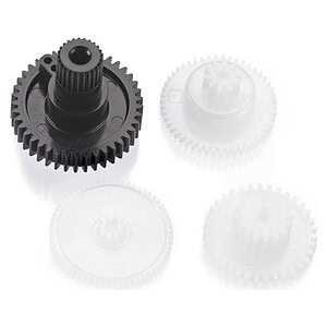 Durable black plastic gear for remote control cars, ensures smooth gear shifting.