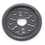 Black plastic RC gear with precise teeth, ideal for RC car upgrades and mechanical parts.