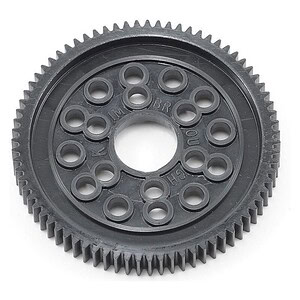 Black plastic RC gear with precise teeth, ideal for RC car upgrades and mechanical parts.