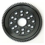 Close-up of black RC car gear wheel with multiple holes in a sleek design, ideal for RC car upgrades.