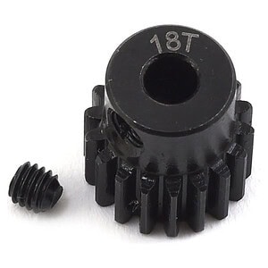 Small black gear with screw for RC car motor, parts for upgrades and repairs.