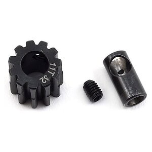 Close-up of black metal RC car pinion gear, drive shaft, and screw for high-performance remote control cars.