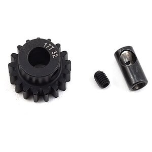 Durable black gear spur with mounting screw and adapter for remote control vehicles.