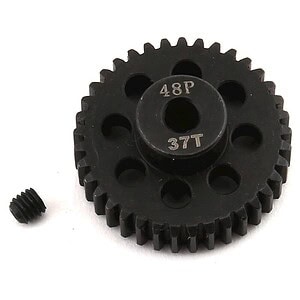 High-quality black RC gear with 48P 37T specifications, ideal for remote control car modifications and racing.