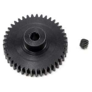 Rugged black metal gear with screw for RC cars, ideal upgrade part, high-quality construction for durability.