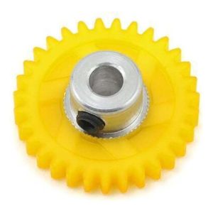 Durable yellow plastic gear wheel with metal center for remote control cars.