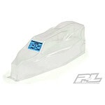 Lightweight white RC car body shell with protective film for durability.