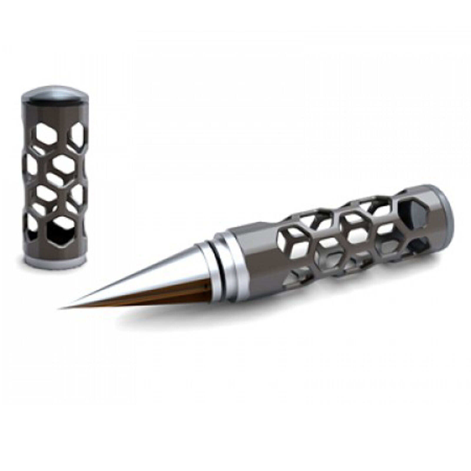 Meticulously designed metallic RC pen with hexagonal cutouts for remote-controlled car enthusiasts.