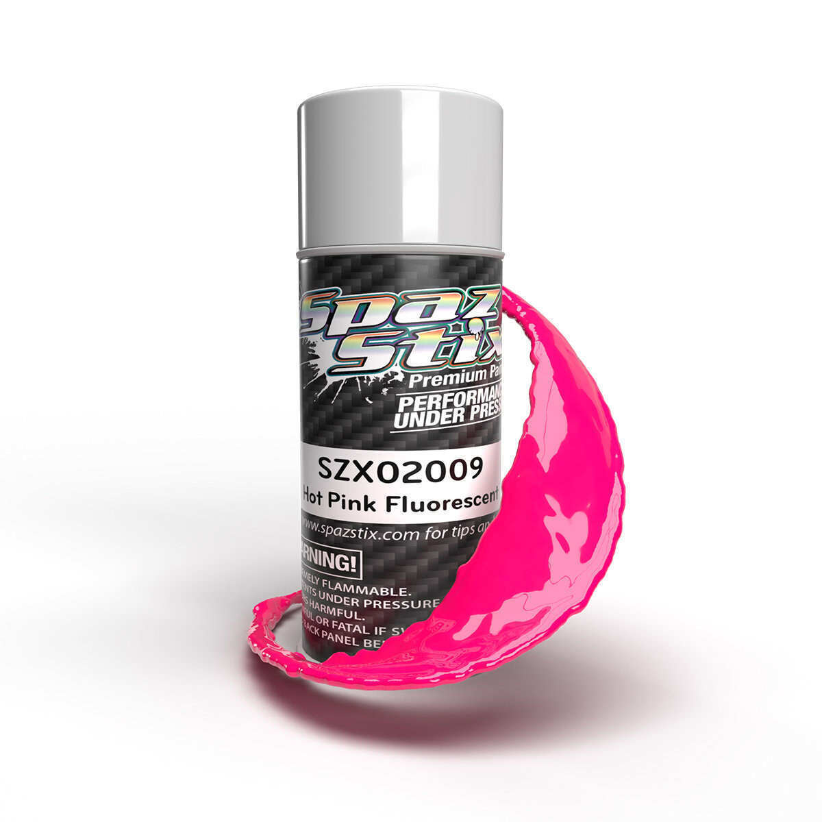 Bright pink fluorescent spray for RC car customization and high visibility.