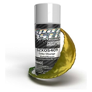 Color-changing spray paint for RC cars, gold and green effects, high-performance coating.